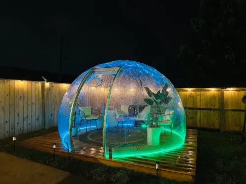 This one-of-a-kind dome lets you enjoy the backyard even during rainy or cold winter evenings. PS: The dome is not recommended for use during hot summer months. We suggest enjoying the other amenities during warmer months for optimal comfort.